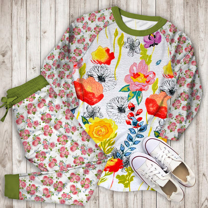 Yellow Rose Flower Pajama Set | Pajamas | Cotton Sleepwear Sets | Soft Long Sleeve Pjs | Raglan Shirt and Pants Set