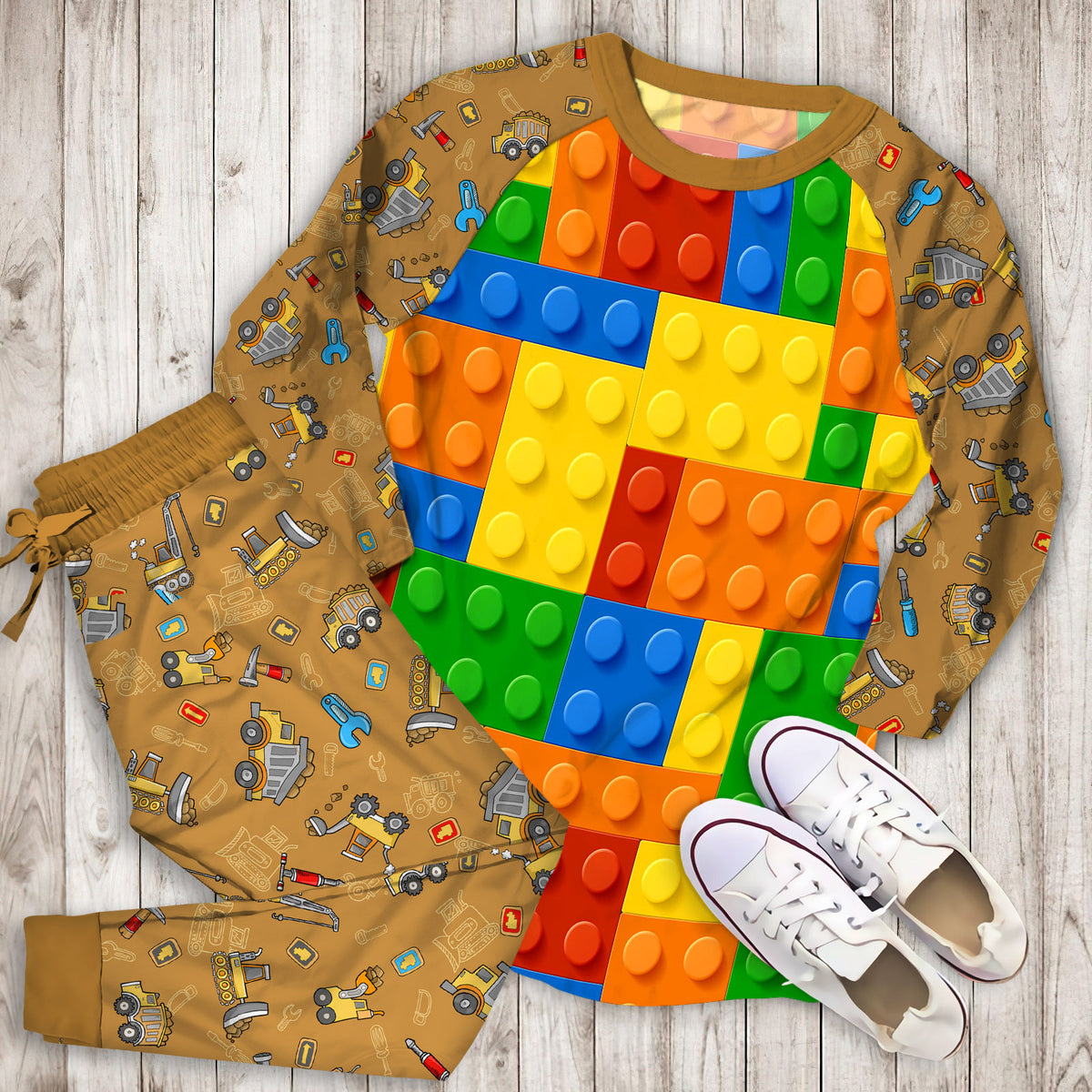 Plastic Construction Blocks Pajama Set | Pajamas | Cotton Sleepwear Sets | Soft Long Sleeve Pjs | Raglan Shirt and Pants Set