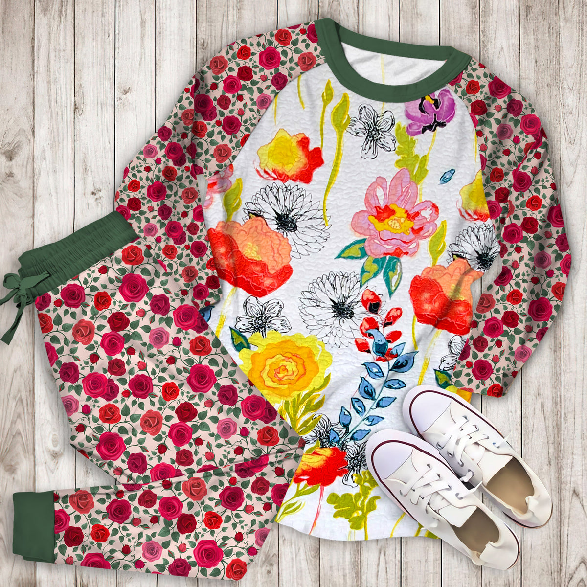 Yellow Rose Flower Pajama Set | Pajamas | Cotton Sleepwear Sets | Soft Long Sleeve Pjs | Raglan Shirt and Pants Set