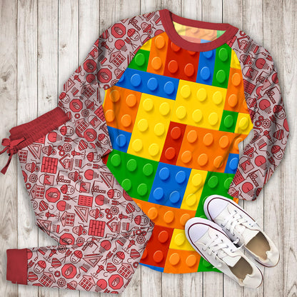 Plastic Construction Blocks Pajama Set | Pajamas | Cotton Sleepwear Sets | Soft Long Sleeve Pjs | Raglan Shirt and Pants Set