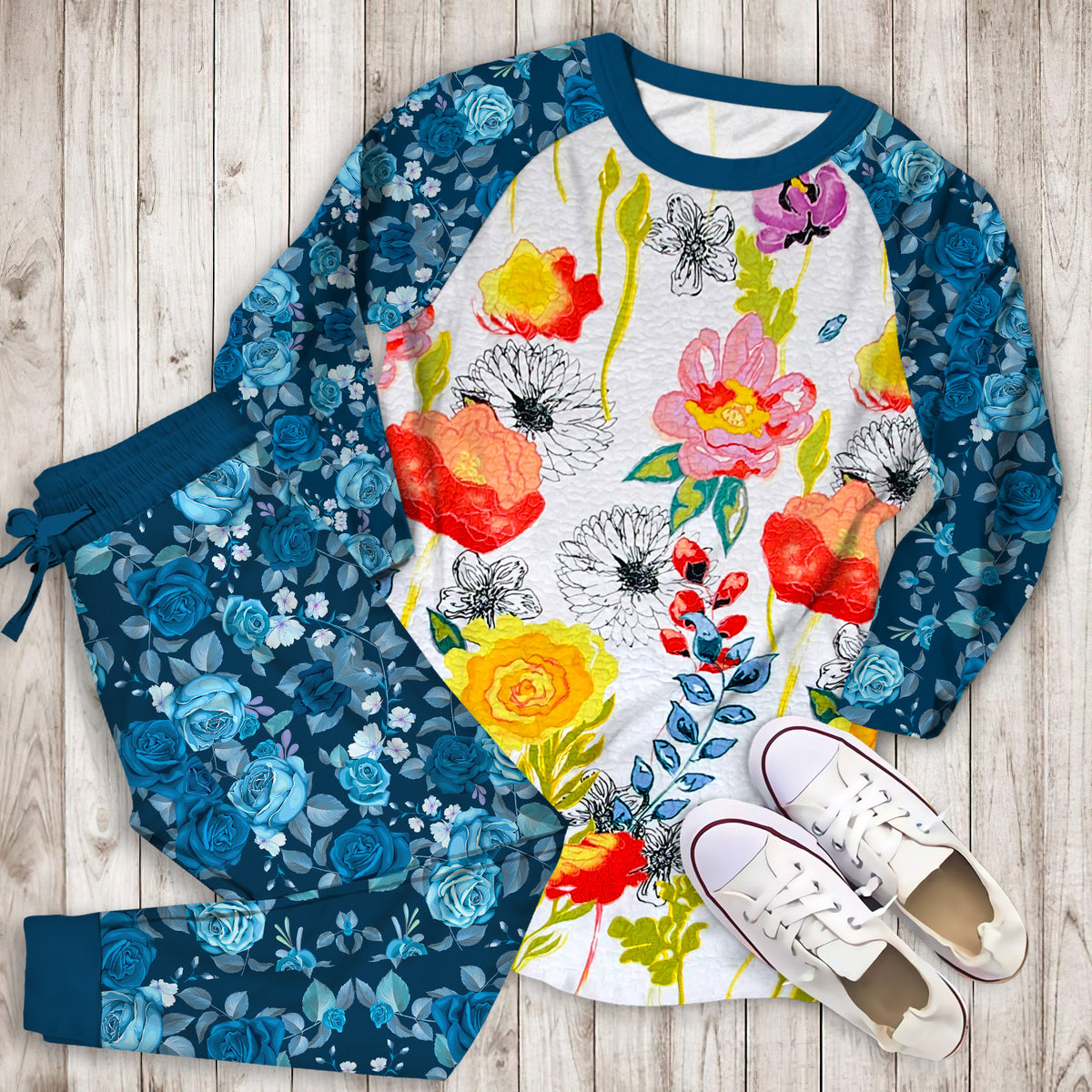 Yellow Rose Flower Pajama Set | Pajamas | Cotton Sleepwear Sets | Soft Long Sleeve Pjs | Raglan Shirt and Pants Set