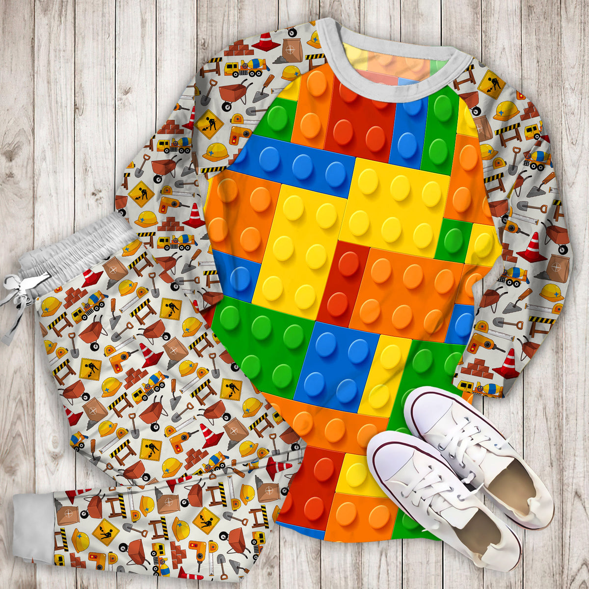 Plastic Construction Blocks Pajama Set | Pajamas | Cotton Sleepwear Sets | Soft Long Sleeve Pjs | Raglan Shirt and Pants Set