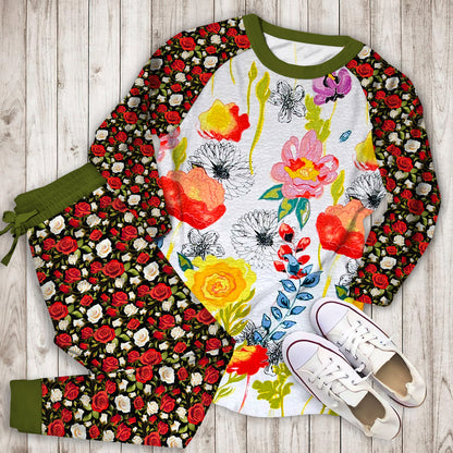 Yellow Rose Flower Pajama Set | Pajamas | Cotton Sleepwear Sets | Soft Long Sleeve Pjs | Raglan Shirt and Pants Set