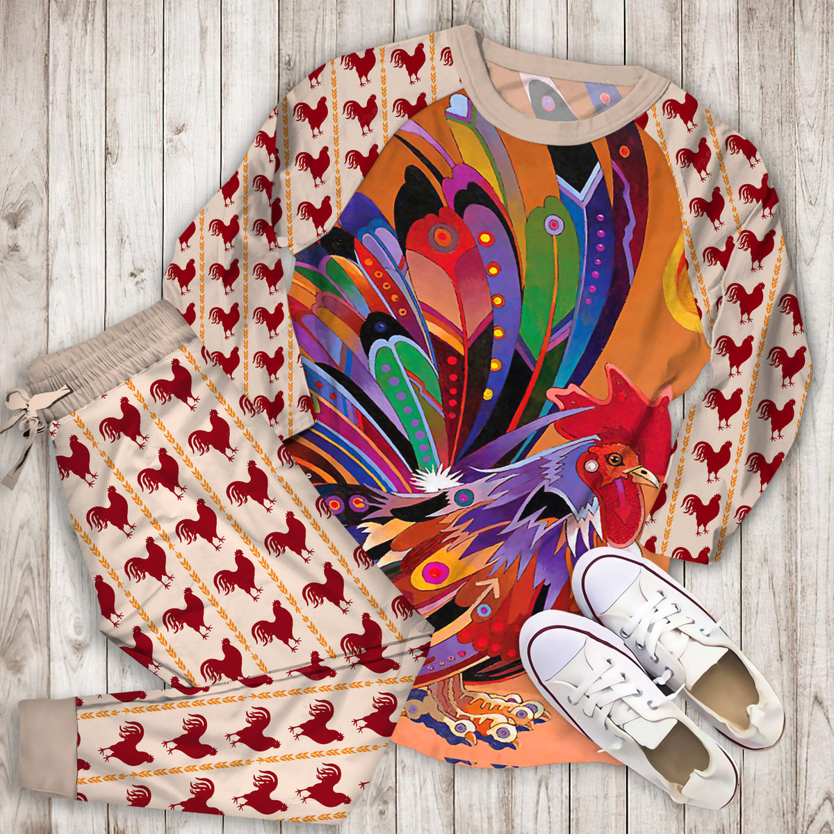 Rooster Color Pajama Set |Sleepwear Pjs Sets | Raglan Shirt Pants Set