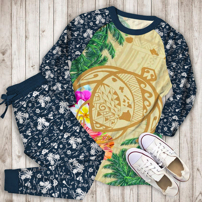 Hawaii Kanaka Maoli Polynesian Flowers Turtle Pajama Set | Pajamas | Cotton Sleepwear Sets | Soft Long Sleeve Pjs | Raglan Shirt and Pants Set
