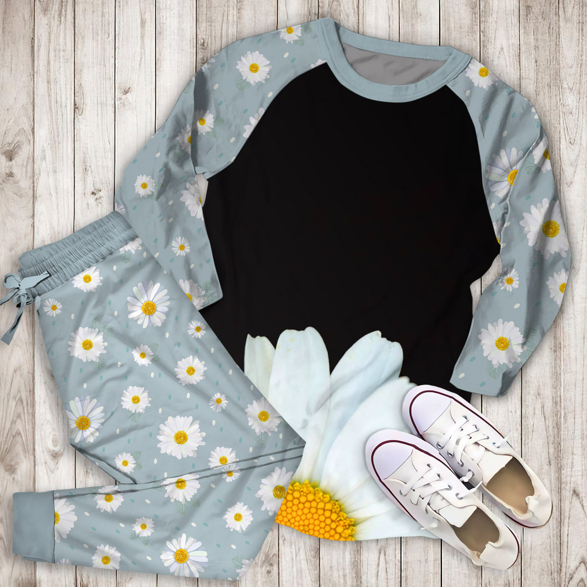 Hello Daisy Black Pajama Set | Pajamas | Cotton Sleepwear Sets | Soft Long Sleeve Pjs | Raglan Shirt and Pants Set