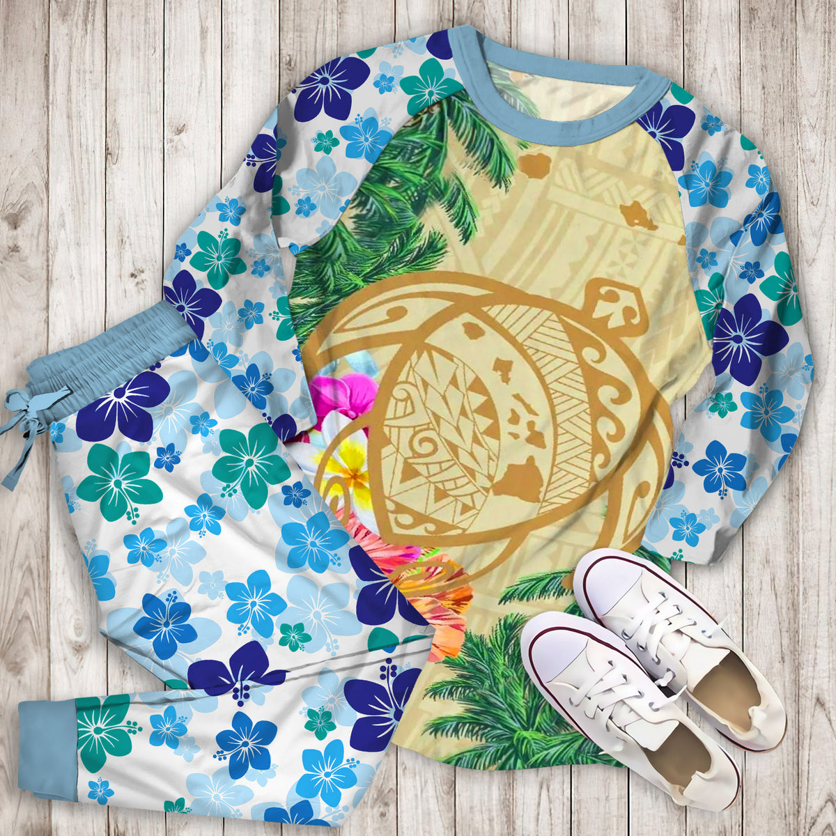 Hawaii Kanaka Maoli Polynesian Flowers Turtle Pajama Set | Pajamas | Cotton Sleepwear Sets | Soft Long Sleeve Pjs | Raglan Shirt and Pants Set