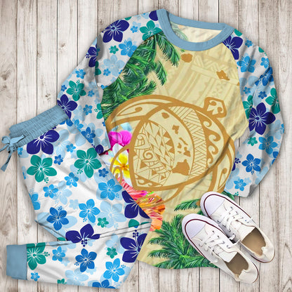 Hawaii Kanaka Maoli Polynesian Flowers Turtle Pajama Set | Pajamas | Cotton Sleepwear Sets | Soft Long Sleeve Pjs | Raglan Shirt and Pants Set