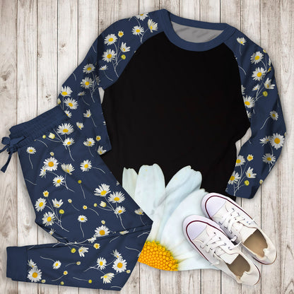 Hello Daisy Black Pajama Set | Pajamas | Cotton Sleepwear Sets | Soft Long Sleeve Pjs | Raglan Shirt and Pants Set