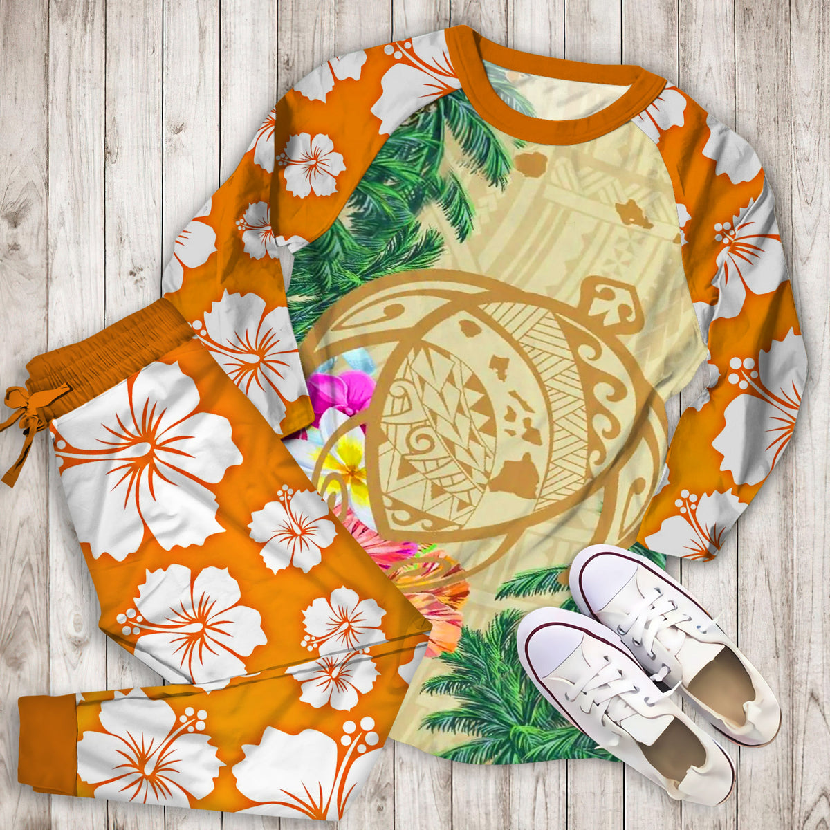 Hawaii Kanaka Maoli Polynesian Flowers Turtle Pajama Set | Pajamas | Cotton Sleepwear Sets | Soft Long Sleeve Pjs | Raglan Shirt and Pants Set
