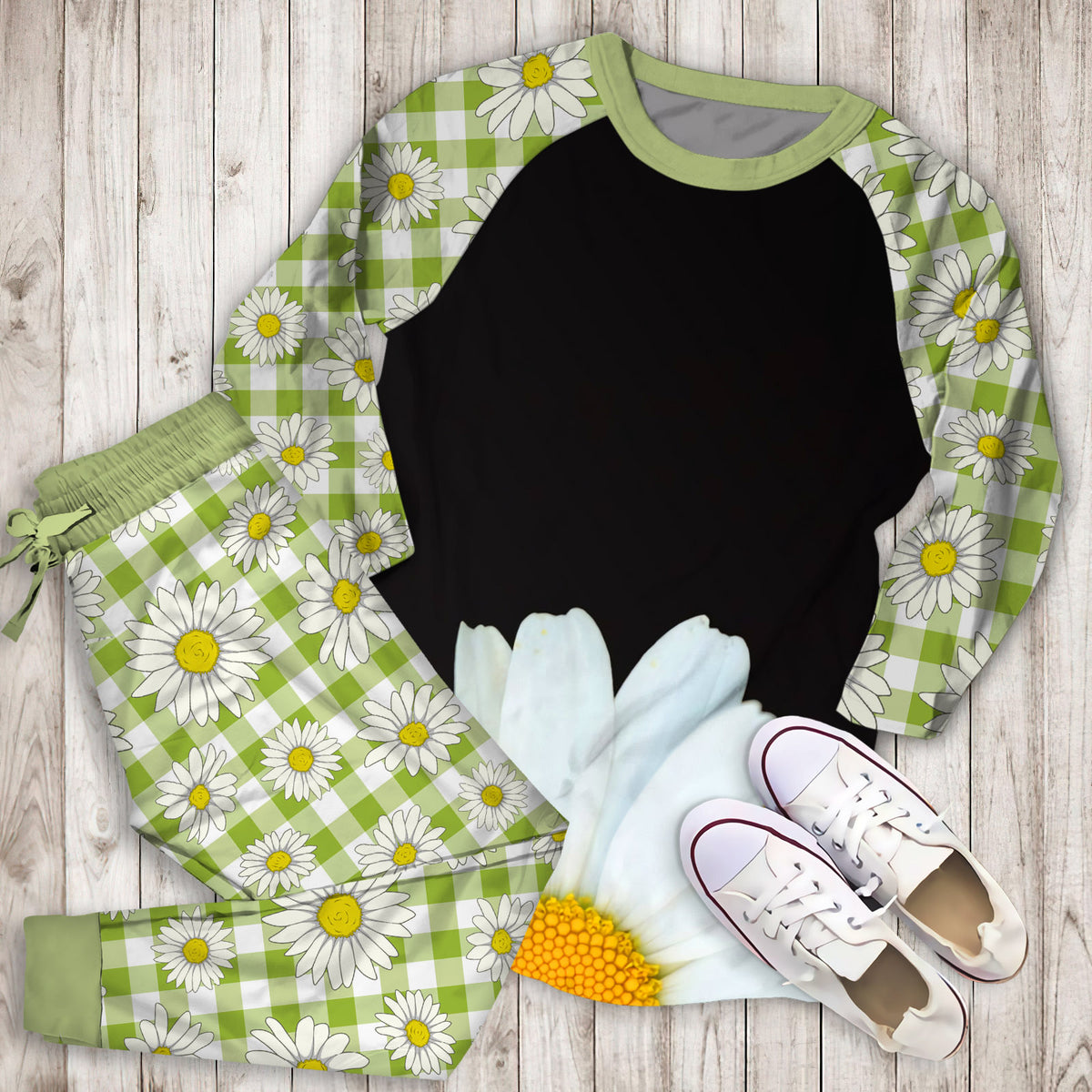 Hello Daisy Black Pajama Set | Pajamas | Cotton Sleepwear Sets | Soft Long Sleeve Pjs | Raglan Shirt and Pants Set