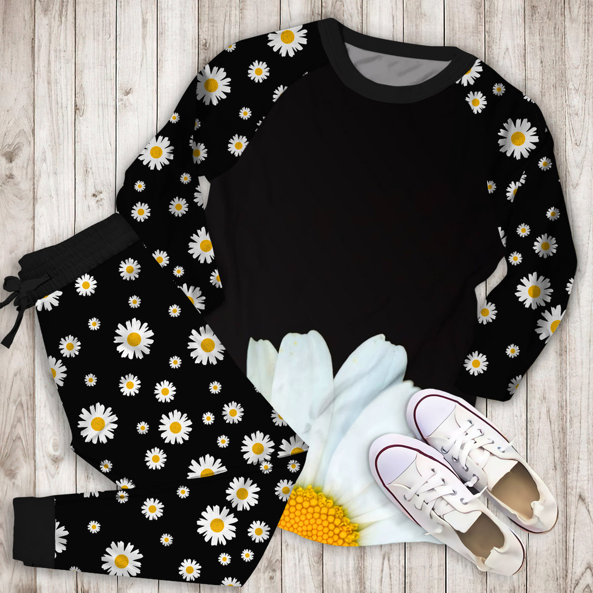 Hello Daisy Black Pajama Set | Pajamas | Cotton Sleepwear Sets | Soft Long Sleeve Pjs | Raglan Shirt and Pants Set