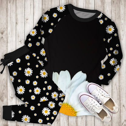 Hello Daisy Black Pajama Set | Pajamas | Cotton Sleepwear Sets | Soft Long Sleeve Pjs | Raglan Shirt and Pants Set