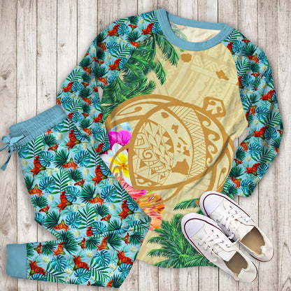 Hawaii Kanaka Maoli Polynesian Flowers Turtle Pajama Set | Pajamas | Cotton Sleepwear Sets | Soft Long Sleeve Pjs | Raglan Shirt and Pants Set