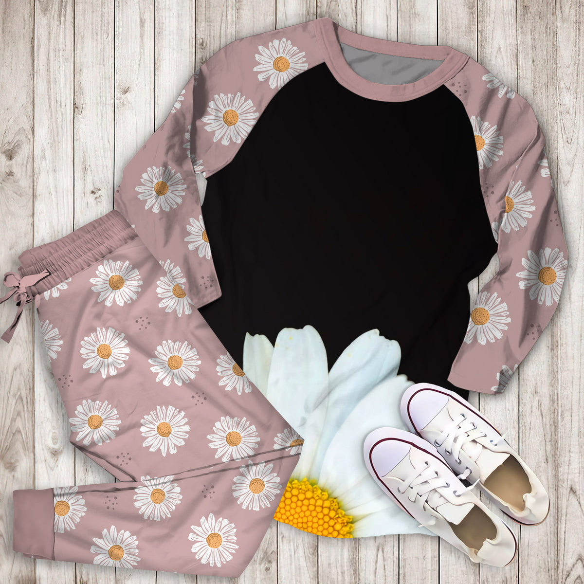 Hello Daisy Black Pajama Set | Pajamas | Cotton Sleepwear Sets | Soft Long Sleeve Pjs | Raglan Shirt and Pants Set