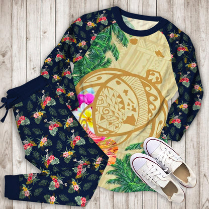 Hawaii Kanaka Maoli Polynesian Flowers Turtle Pajama Set | Pajamas | Cotton Sleepwear Sets | Soft Long Sleeve Pjs | Raglan Shirt and Pants Set
