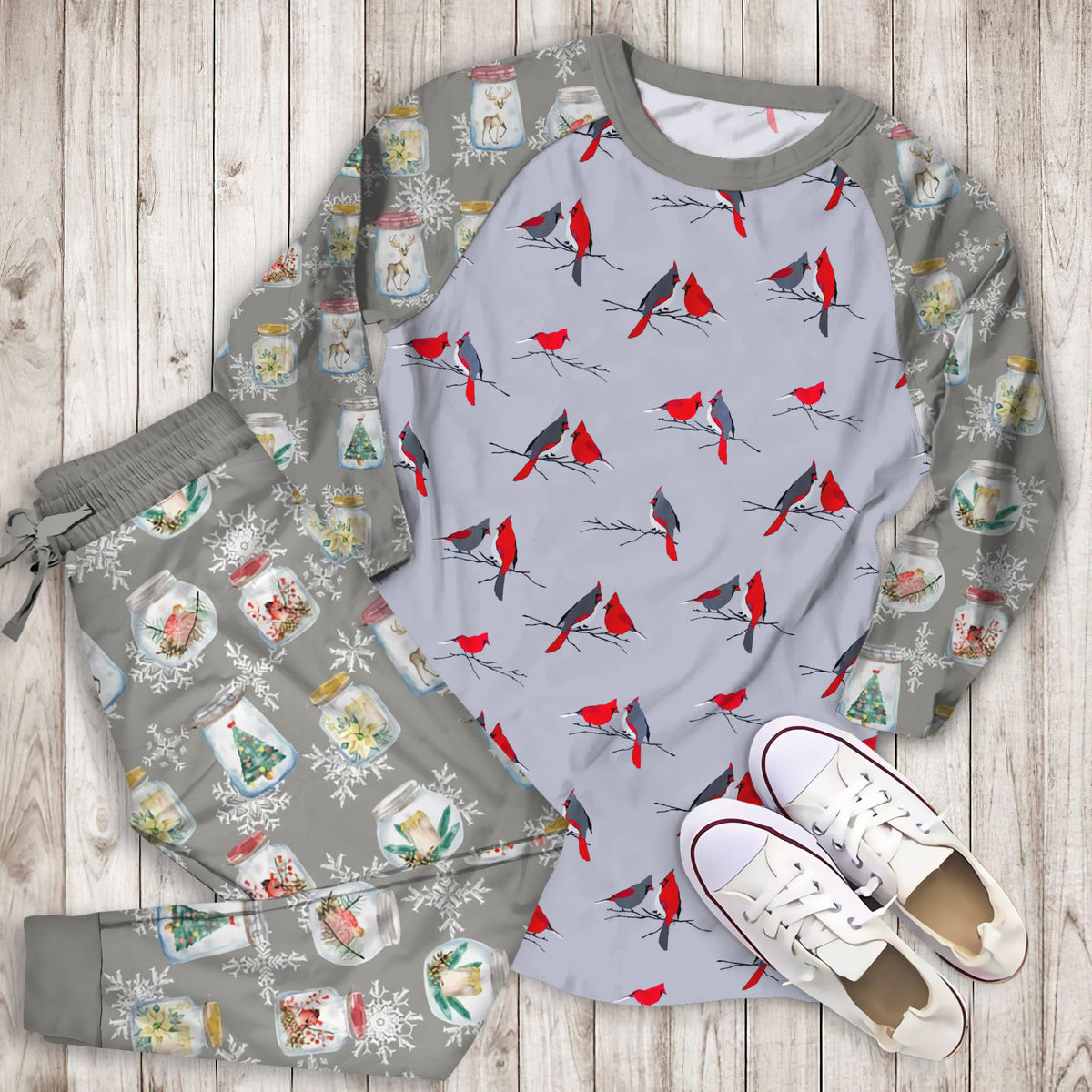 Winter Cardinal Pajama Set |Sleepwear Pjs Sets | Raglan Shirt Pants Set
