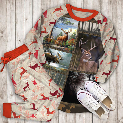 Deer Deep In Forest Pajama Set | Pajamas | Cotton Sleepwear Sets | Soft Long Sleeve Pjs | Raglan Shirt and Pants Set