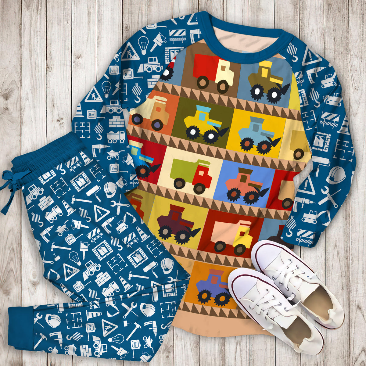 Construction Truck Pajama Set | Pajamas | Cotton Sleepwear Sets | Soft Long Sleeve Pjs | Raglan Shirt and Pants Set