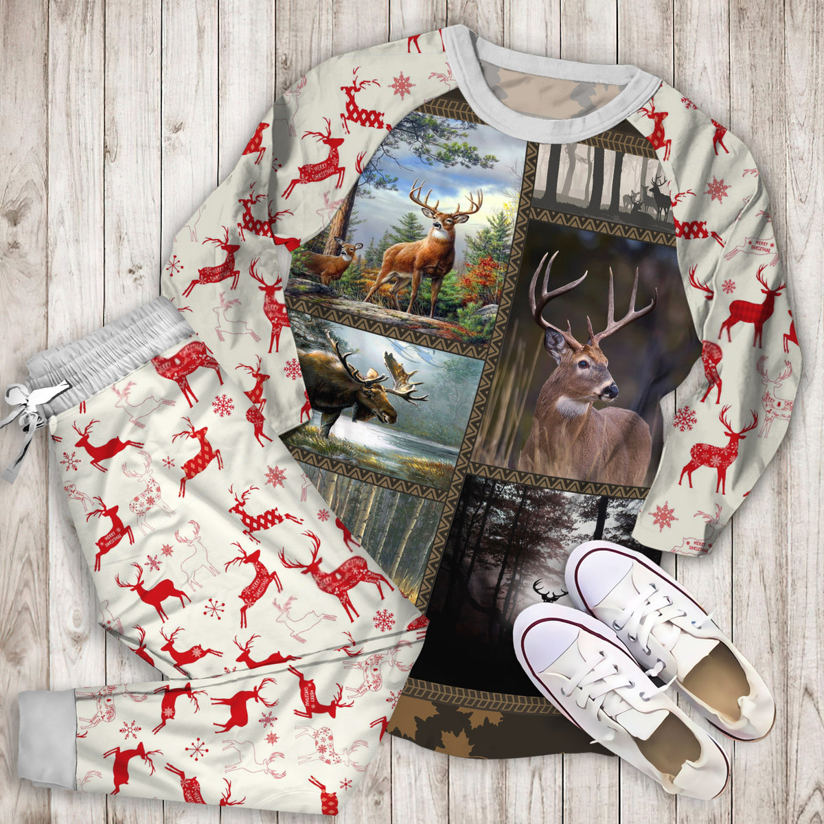Deer Deep In Forest Pajama Set | Pajamas | Cotton Sleepwear Sets | Soft Long Sleeve Pjs | Raglan Shirt and Pants Set