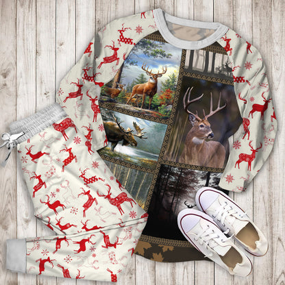 Deer Deep In Forest Pajama Set | Pajamas | Cotton Sleepwear Sets | Soft Long Sleeve Pjs | Raglan Shirt and Pants Set