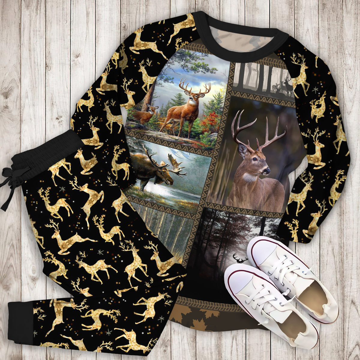 Deer Deep In Forest Pajama Set | Pajamas | Cotton Sleepwear Sets | Soft Long Sleeve Pjs | Raglan Shirt and Pants Set