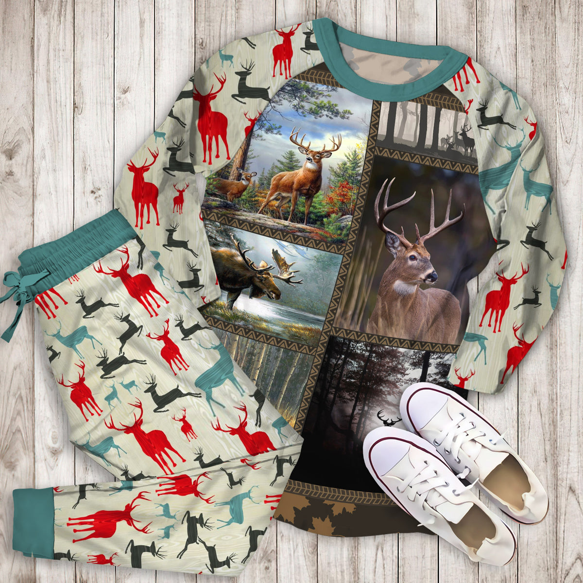 Deer Deep In Forest Pajama Set | Pajamas | Cotton Sleepwear Sets | Soft Long Sleeve Pjs | Raglan Shirt and Pants Set