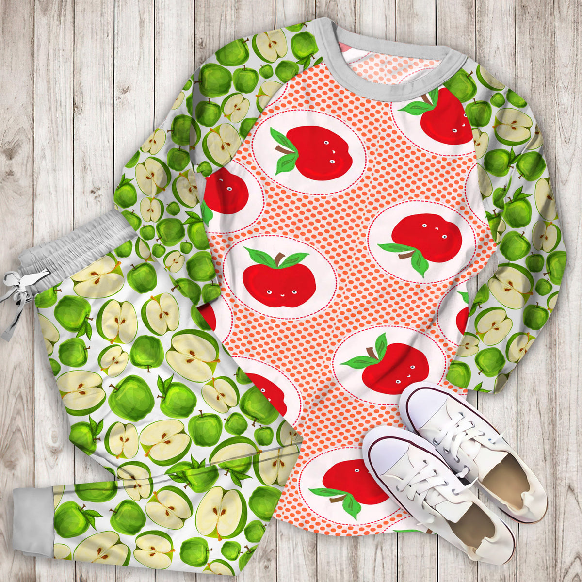 Apple Pajama Set | Pajamas | Cotton Sleepwear Sets | Soft Long Sleeve Pjs | Raglan Shirt and Pants Set