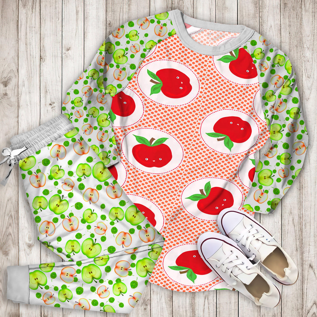 Apple Pajama Set | Pajamas | Cotton Sleepwear Sets | Soft Long Sleeve Pjs | Raglan Shirt and Pants Set