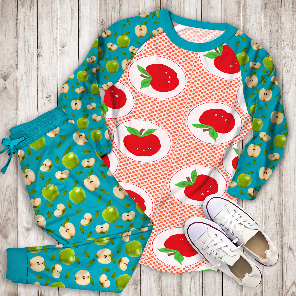 Apple Pajama Set | Pajamas | Cotton Sleepwear Sets | Soft Long Sleeve Pjs | Raglan Shirt and Pants Set