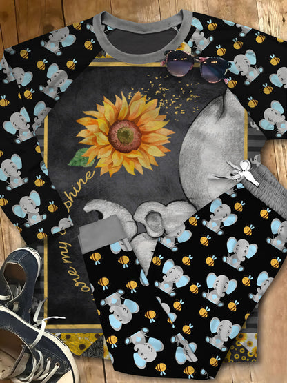 Elephant Sunflower You Are My Sunshine Pajama Set |Sleepwear Pjs Sets | Raglan Shirt Pants Set