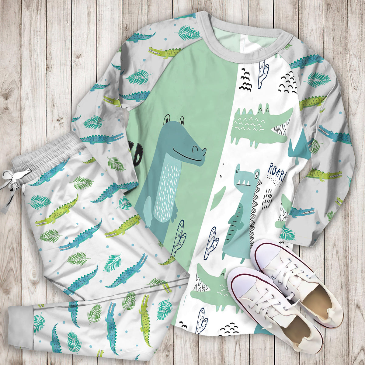 Cute Crocodile Pajama Set |Sleepwear Pjs Sets | Raglan Shirt Pants Set