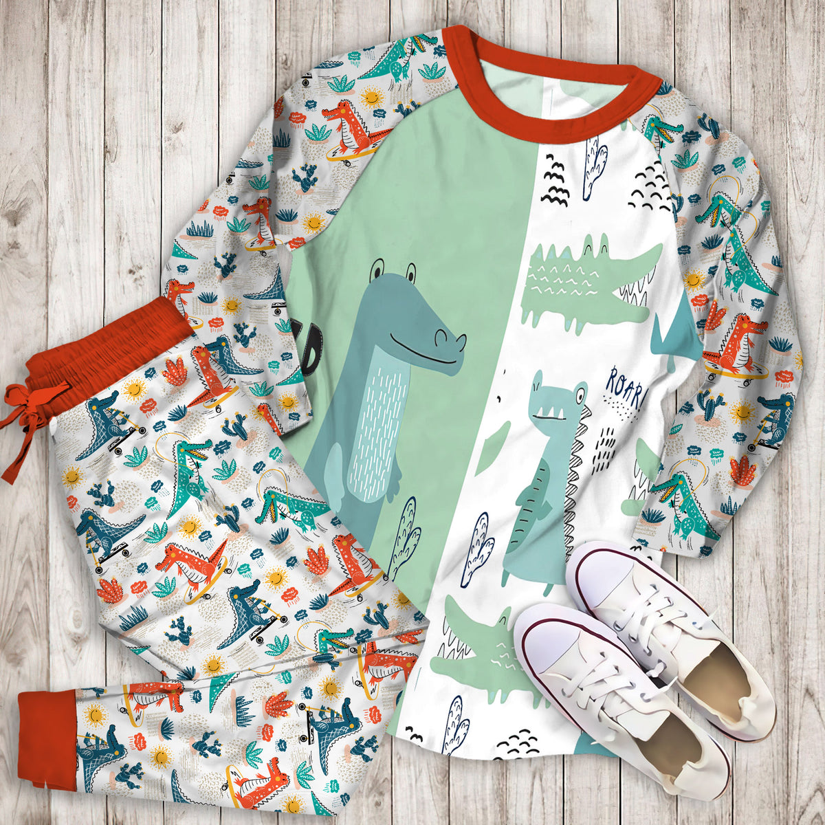 Cute Crocodile Pajama Set |Sleepwear Pjs Sets | Raglan Shirt Pants Set