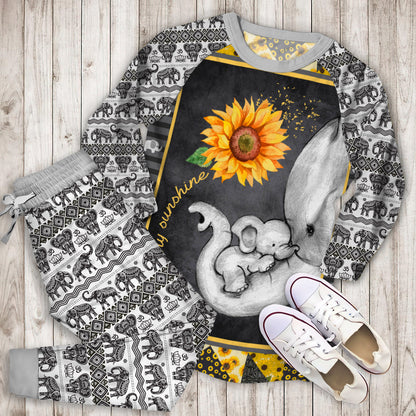 Elephant Sunflower You Are My Sunshine Pajama Set |Sleepwear Pjs Sets | Raglan Shirt Pants Set