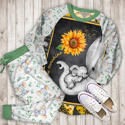Elephant Sunflower You Are My Sunshine Pajama Set |Sleepwear Pjs Sets | Raglan Shirt Pants Set