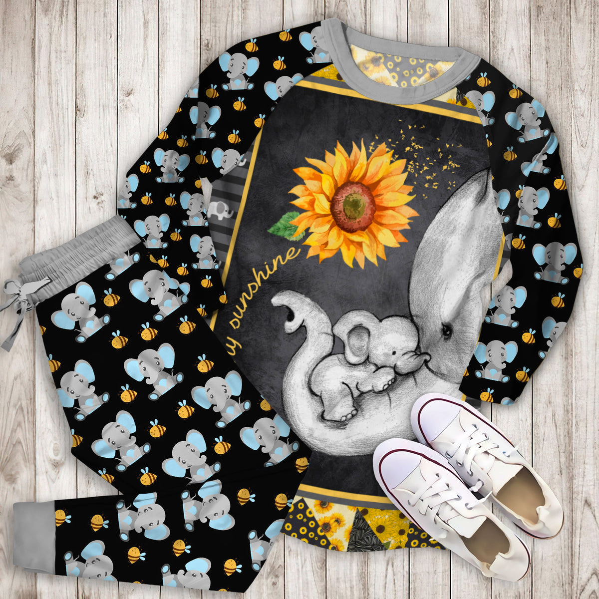 Elephant Sunflower You Are My Sunshine Pajama Set |Sleepwear Pjs Sets | Raglan Shirt Pants Set