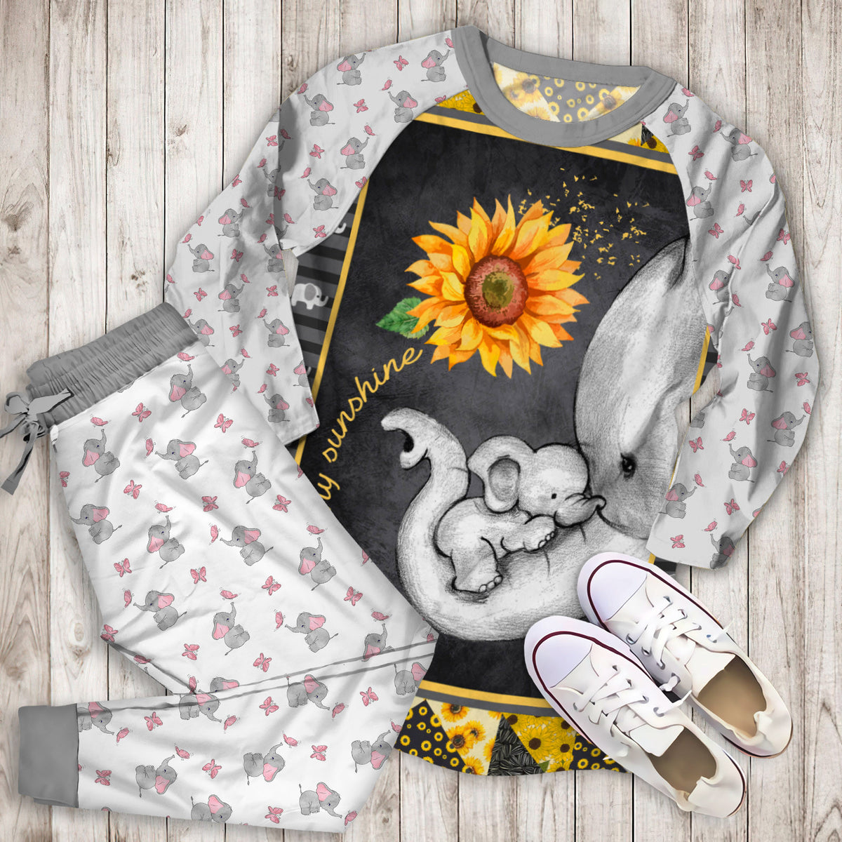 Elephant Sunflower You Are My Sunshine Pajama Set |Sleepwear Pjs Sets | Raglan Shirt Pants Set