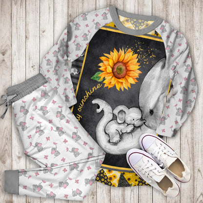 Elephant Sunflower You Are My Sunshine Pajama Set |Sleepwear Pjs Sets | Raglan Shirt Pants Set