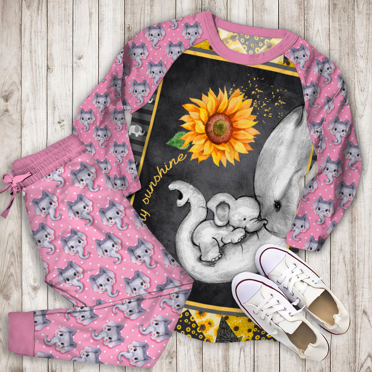 Elephant Sunflower You Are My Sunshine Pajama Set |Sleepwear Pjs Sets | Raglan Shirt Pants Set