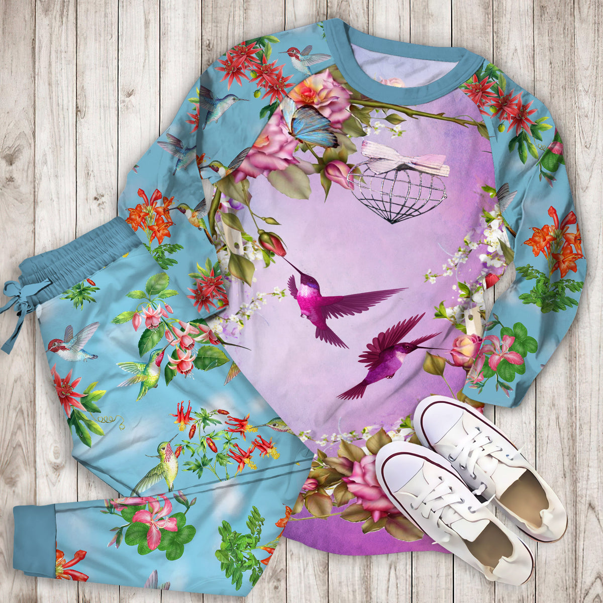 Hummingbird Pajama Set | Pajamas | Cotton Sleepwear Sets | Soft Long Sleeve Pjs | Raglan Shirt and Pants Set