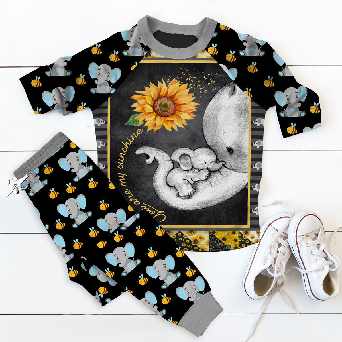 Elephant Sunflower You Are My Sunshine Pajama Set |Sleepwear Pjs Sets | Raglan Shirt Pants Set