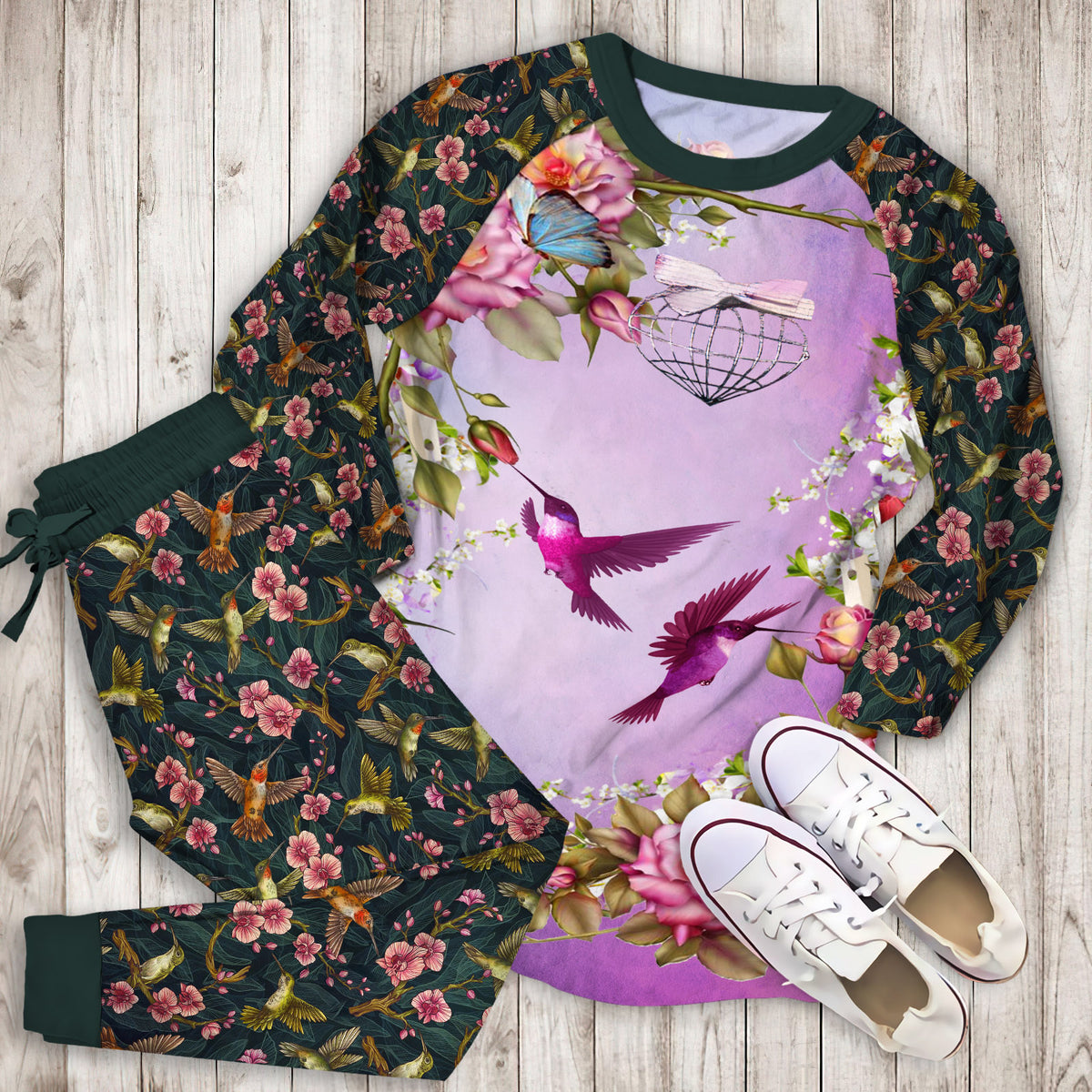 Hummingbird Pajama Set | Pajamas | Cotton Sleepwear Sets | Soft Long Sleeve Pjs | Raglan Shirt and Pants Set