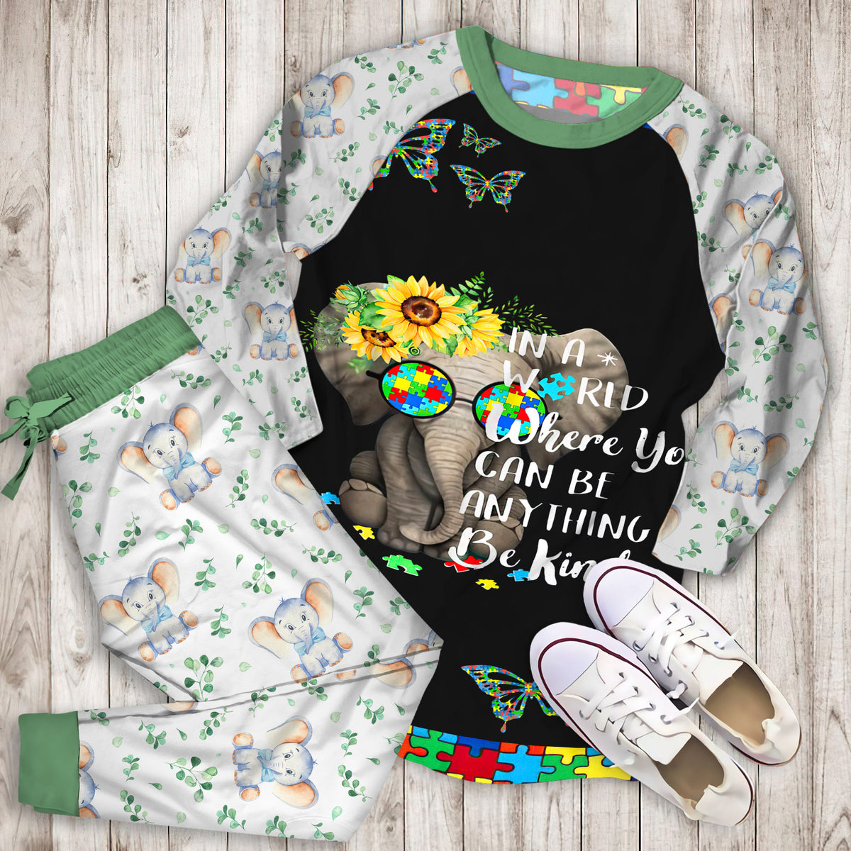 Elephant Autism Pajama Set |Sleepwear Pjs Sets | Raglan Shirt Pants Set