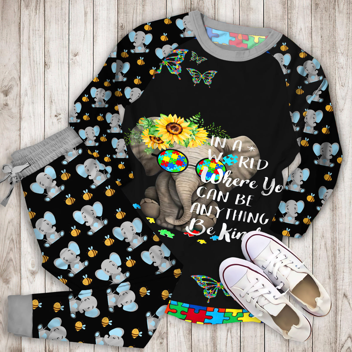 Elephant Autism Pajama Set |Sleepwear Pjs Sets | Raglan Shirt Pants Set