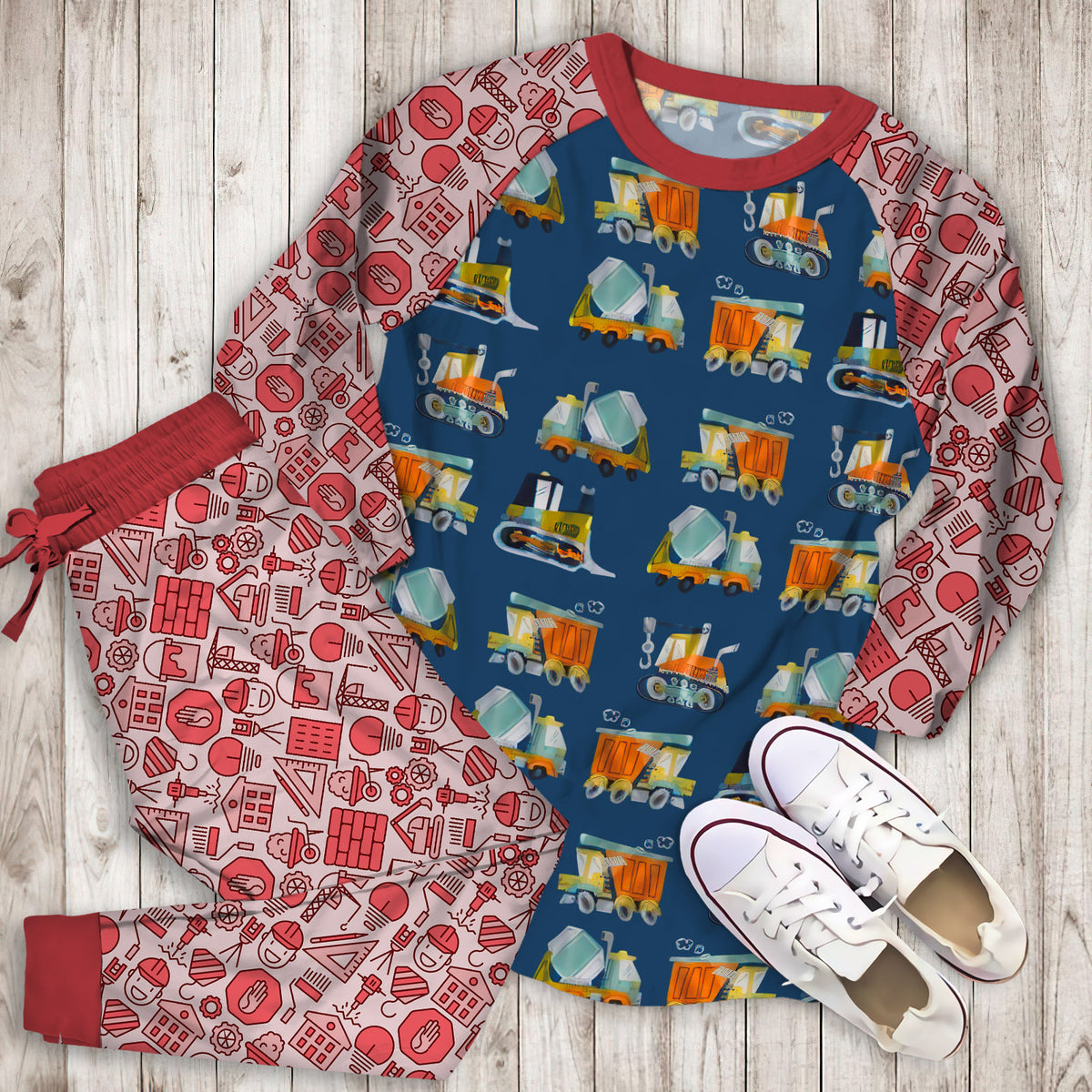 Under Construction Pajama Set | Pajamas | Cotton Sleepwear Sets | Soft Long Sleeve Pjs | Raglan Shirt and Pants Set