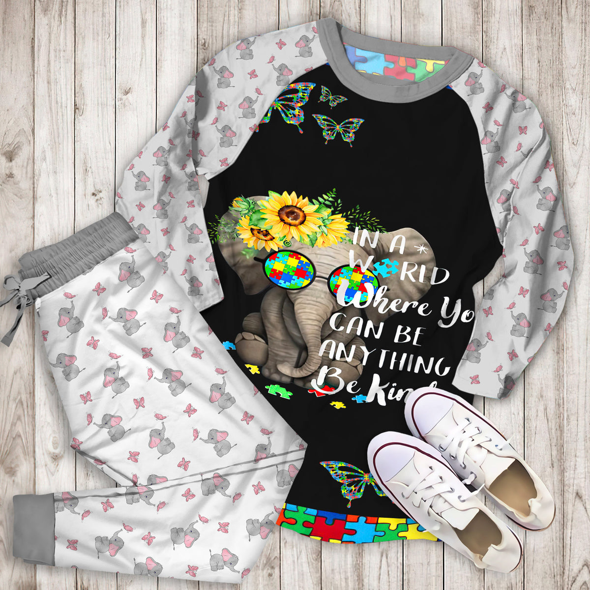 Elephant Autism Pajama Set |Sleepwear Pjs Sets | Raglan Shirt Pants Set
