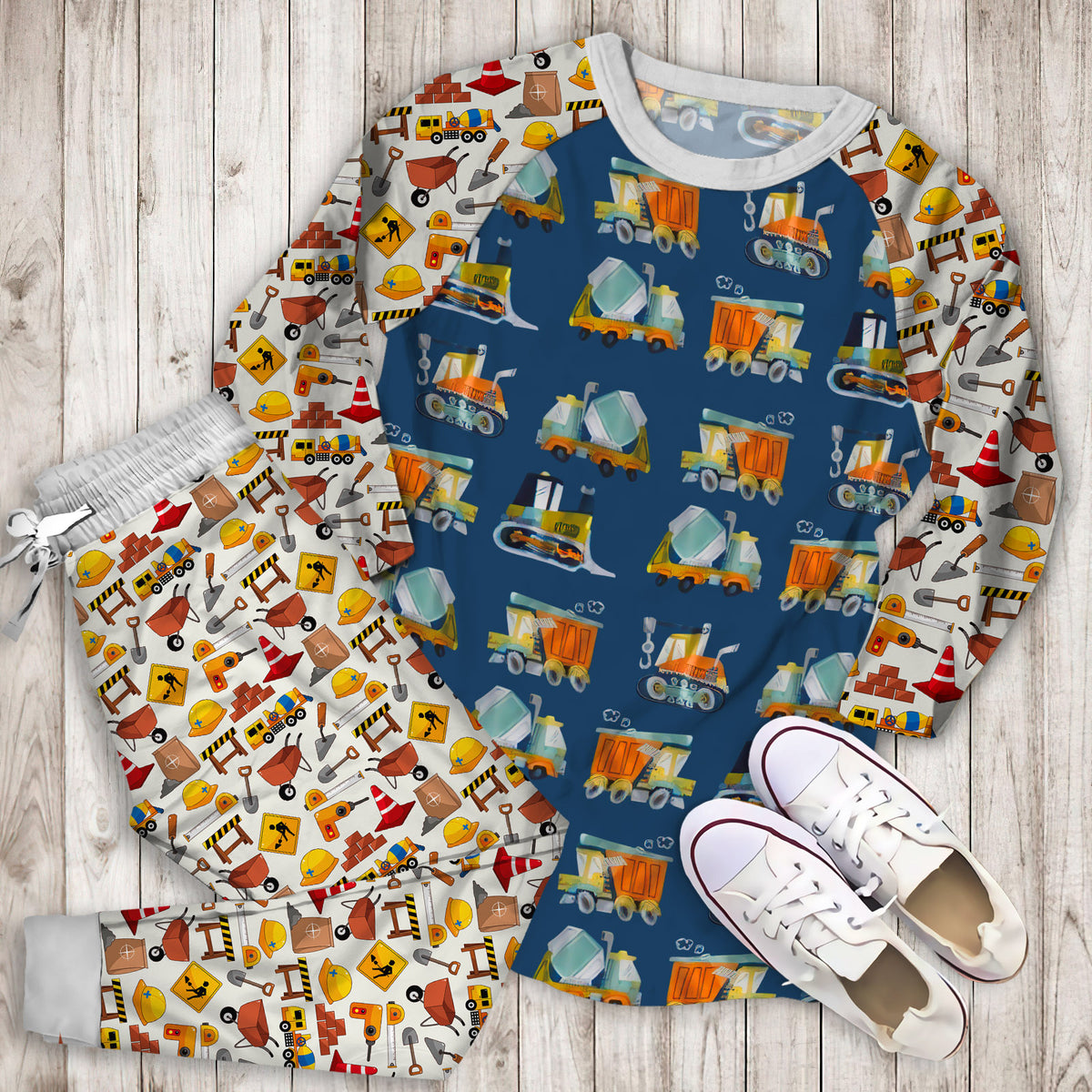 Under Construction Pajama Set | Pajamas | Cotton Sleepwear Sets | Soft Long Sleeve Pjs | Raglan Shirt and Pants Set
