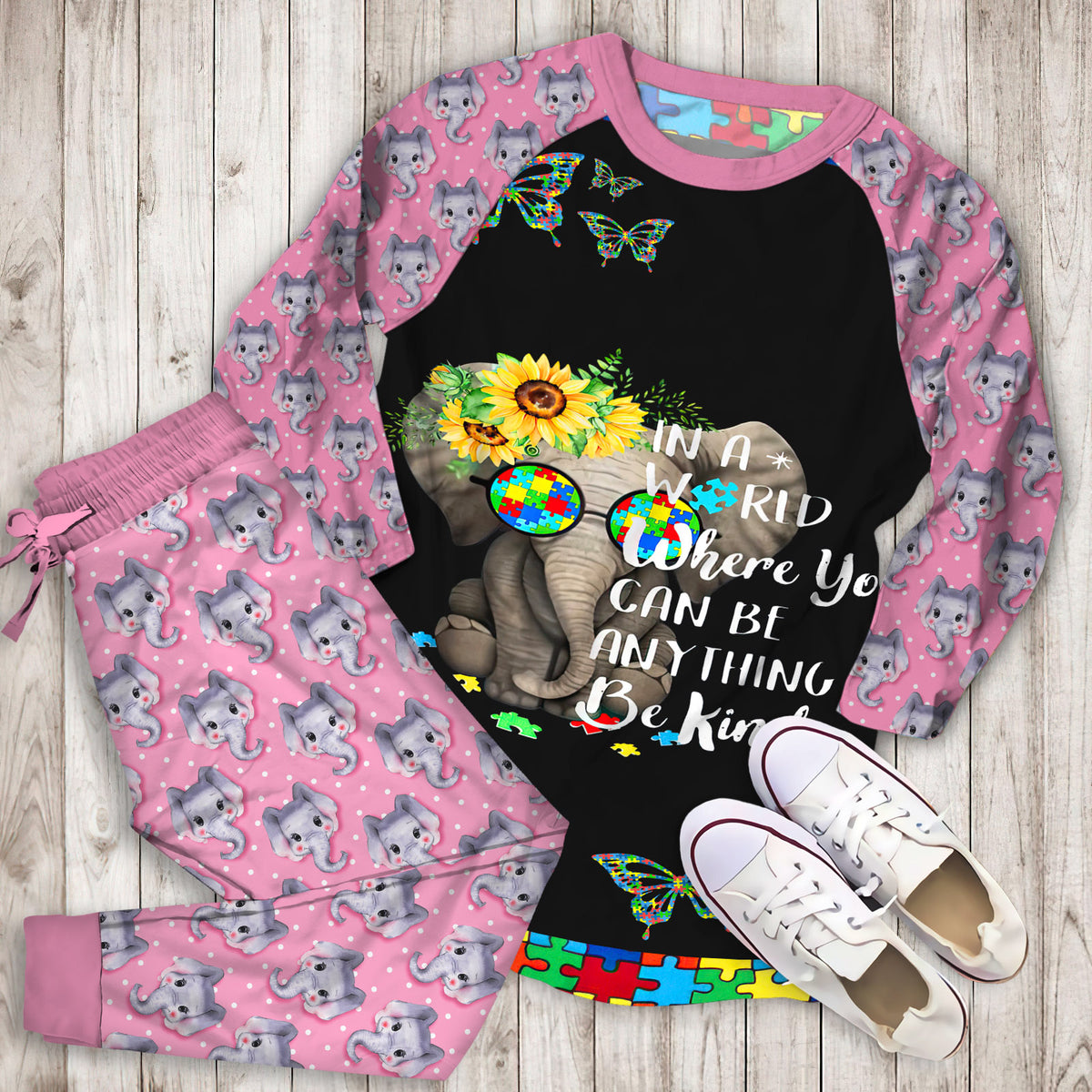 Elephant Autism Pajama Set |Sleepwear Pjs Sets | Raglan Shirt Pants Set