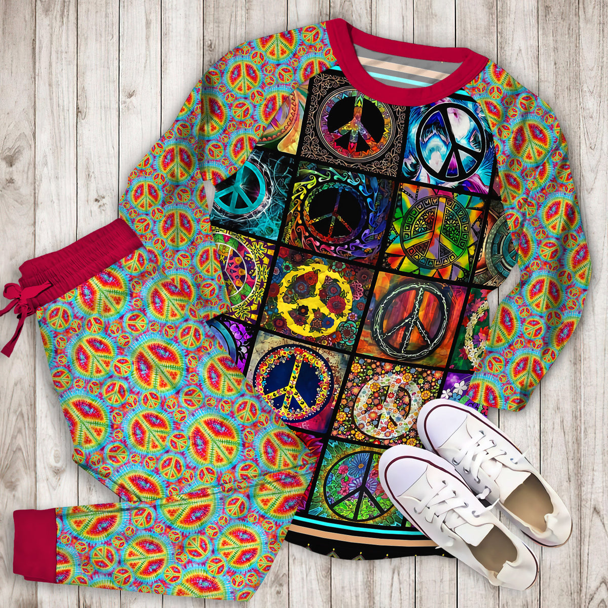 Hippie Peace Sign Pajama Set |Sleepwear Pjs Sets | Raglan Shirt Pants Set
