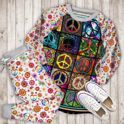 Hippie Peace Sign Pajama Set |Sleepwear Pjs Sets | Raglan Shirt Pants Set